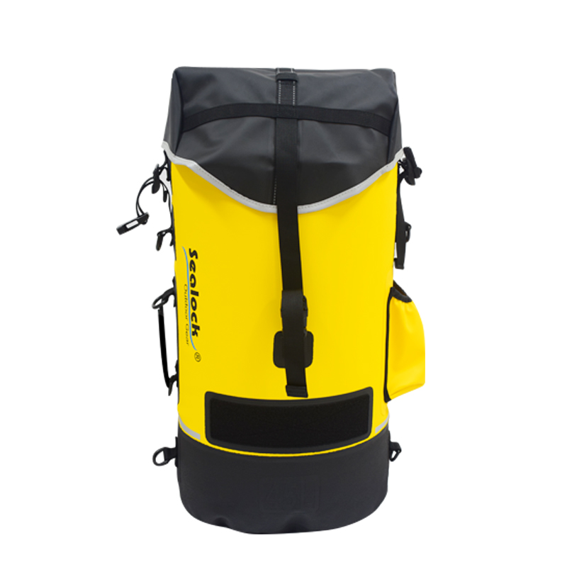 reinforced abrasion base and lash cords on caving backpack