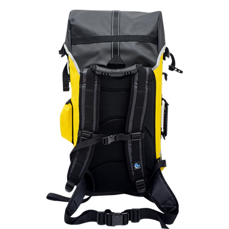 padded harness with hip belt on waterproof caving backpack