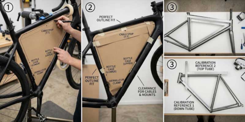 Frame bag templating — cardboard tracing of the front triangle with bottle mounts and cable stops marked, test fit, and calibrated photographic template